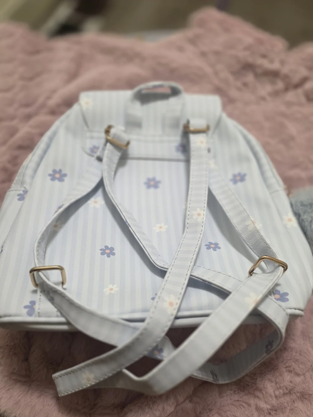 Women’s Light Blue Floral Quilted Backpack with Gold Accents